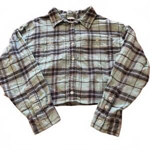 American Eagle Women's Small Cropped Plaid Flannel Mint Black Pink Skater Cozy